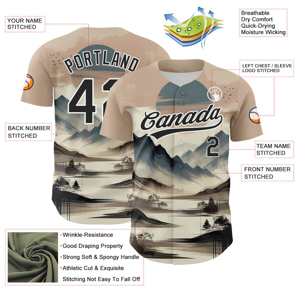 Custom White Black 3D Pattern Design Mountains Landscape Authentic Baseball Jersey view 3