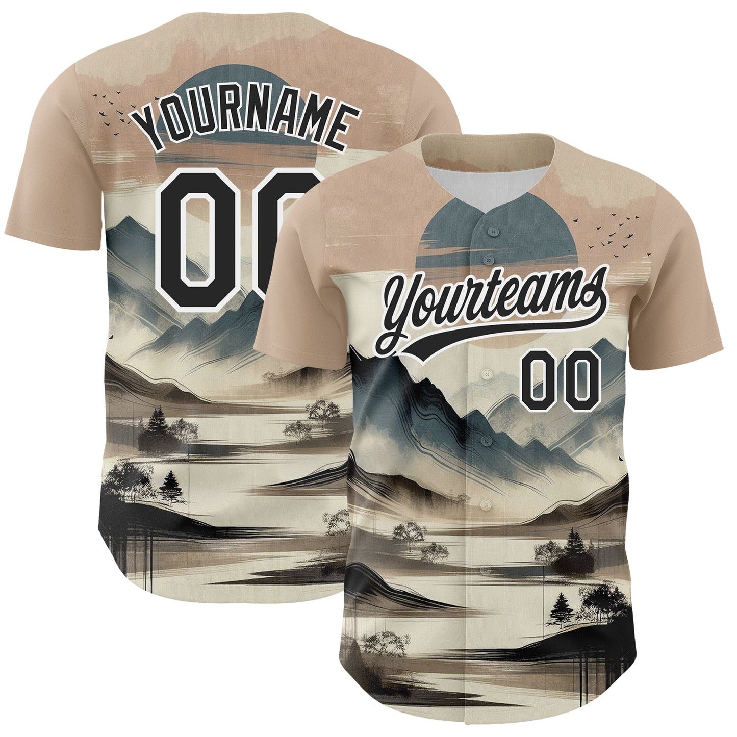 Custom White Black 3D Pattern Design Mountains Landscape Authentic Baseball Jersey - Main View