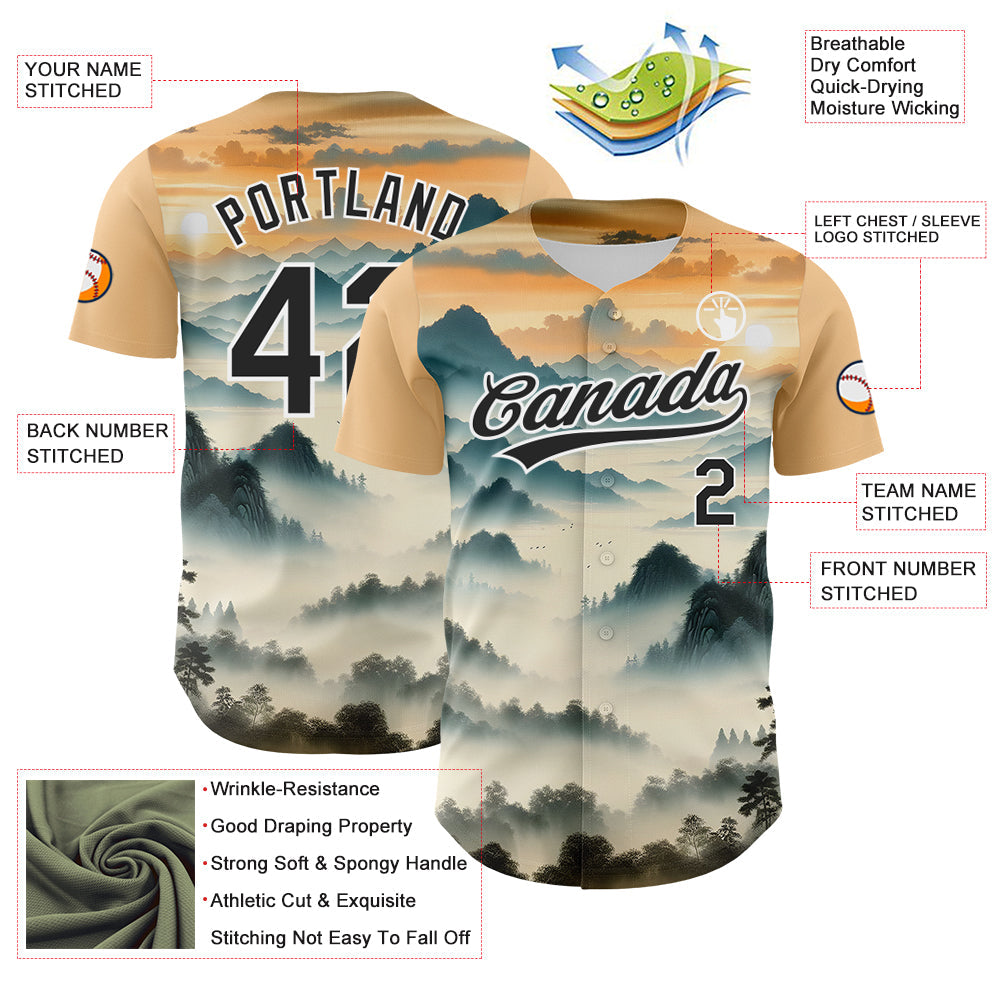 Custom White Black 3D Pattern Design Mountains Landscape Authentic Baseball Jersey view 3