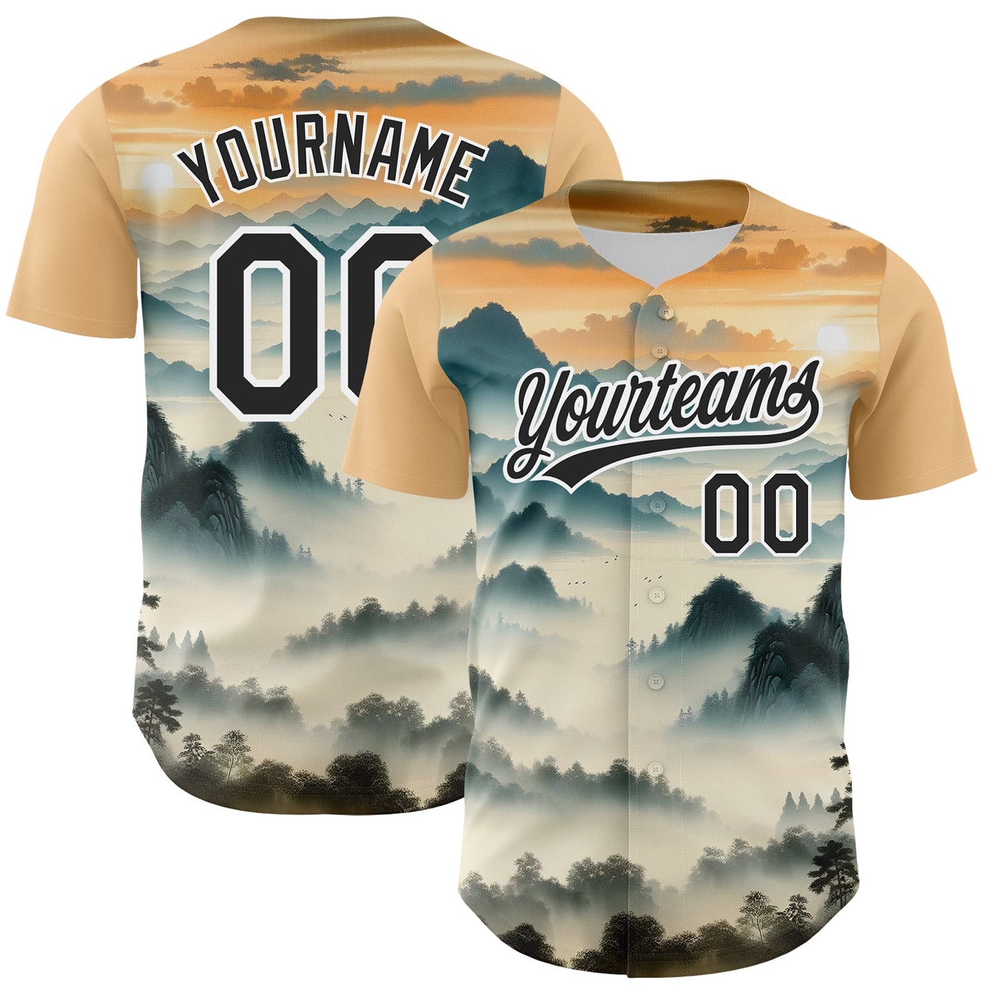 Custom White Black 3D Pattern Design Mountains Landscape Authentic Baseball Jersey - Main View
