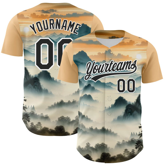 Custom White Black 3D Pattern Design Mountains Landscape Authentic Baseball Jersey - Main View