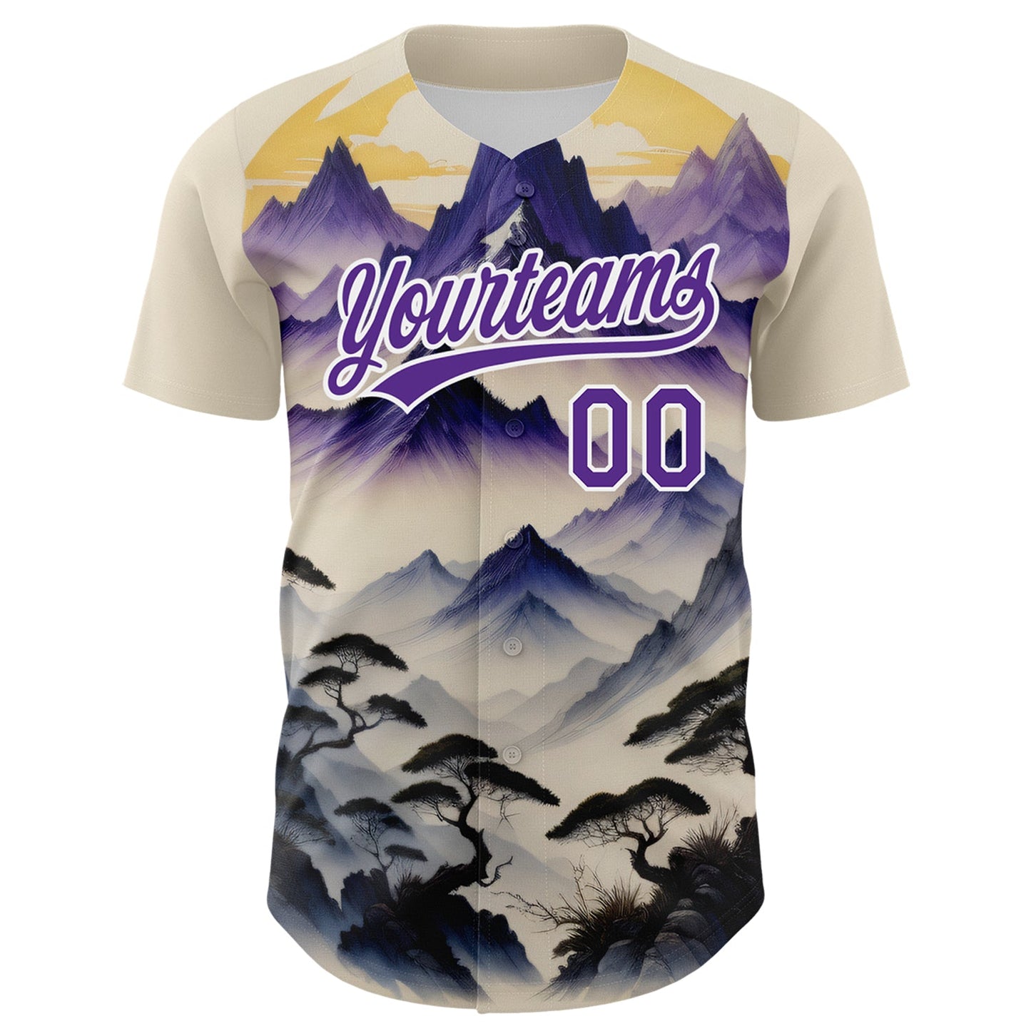 Custom White Purple 3D Pattern Design Mountains Landscape Authentic Baseball Jersey view 2