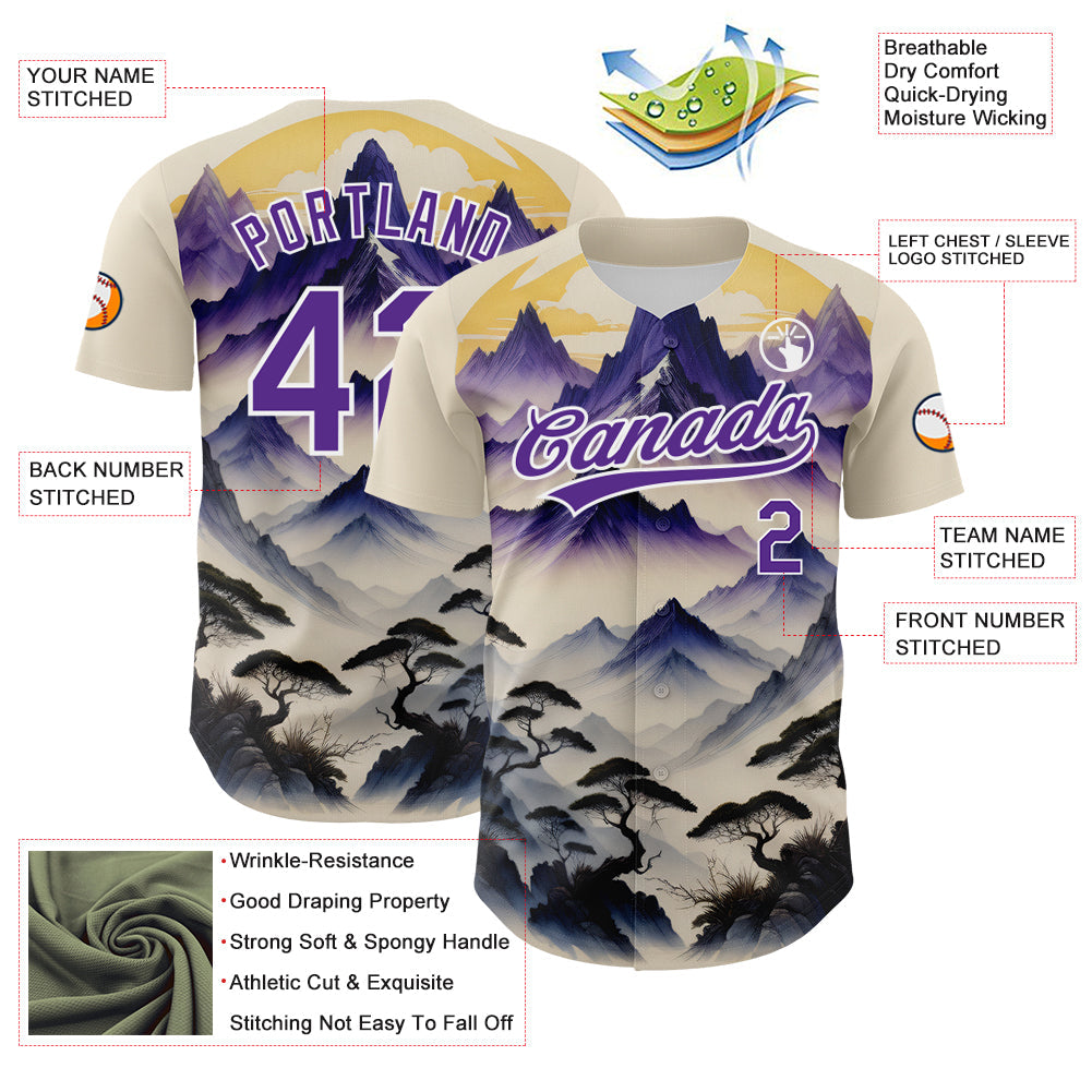 Custom White Purple 3D Pattern Design Mountains Landscape Authentic Baseball Jersey view 3