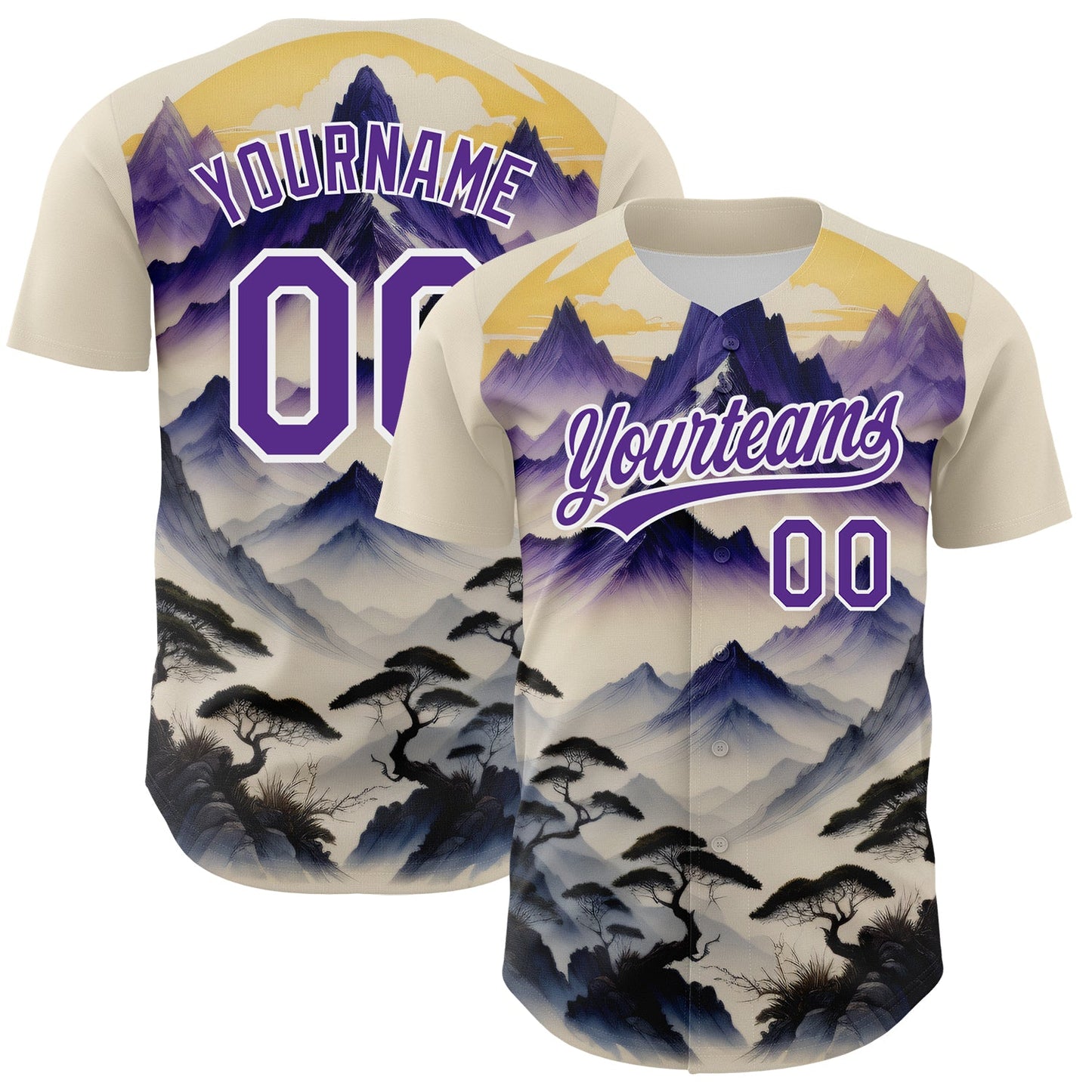 Custom White Purple 3D Pattern Design Mountains Landscape Authentic Baseball Jersey - Main View
