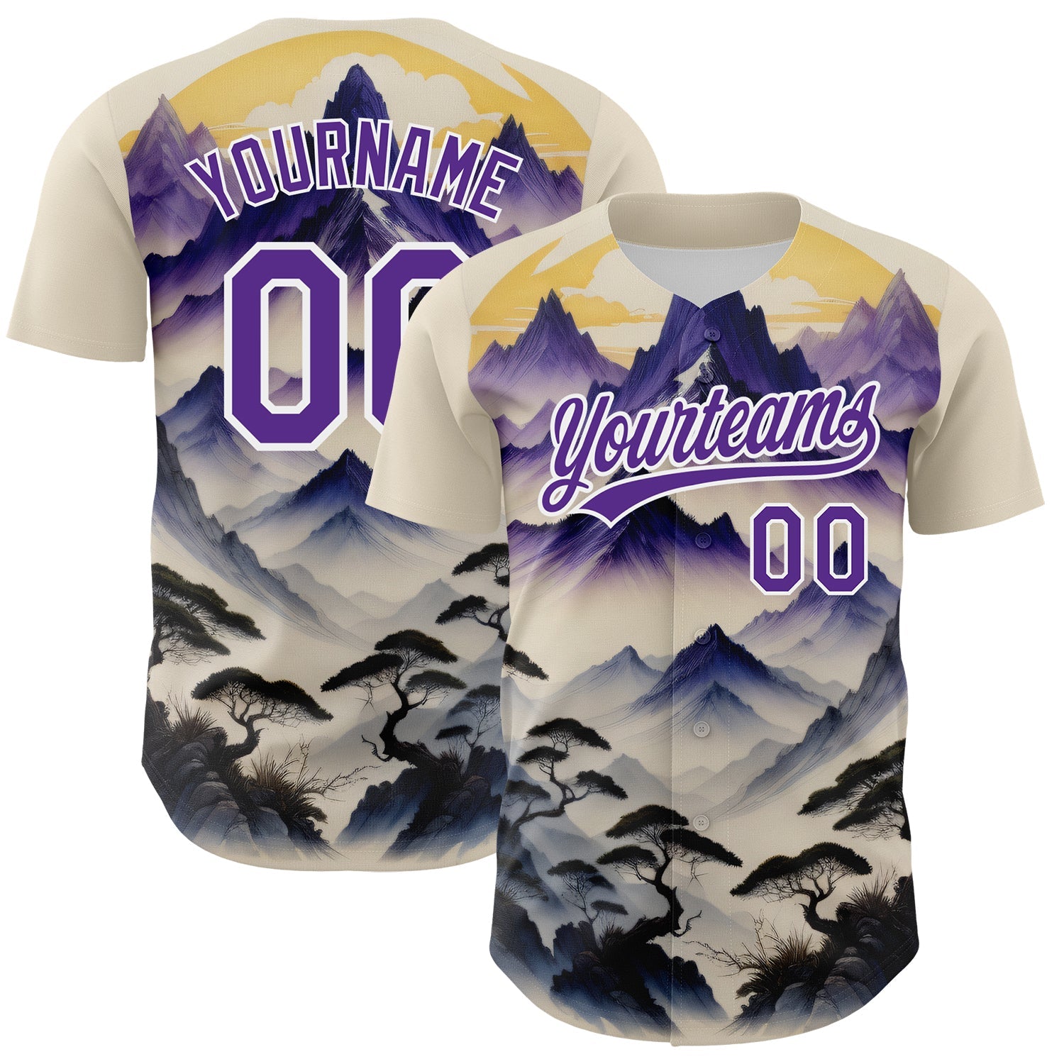 Custom White Purple 3D Pattern Design Mountains Landscape Authentic Baseball Jersey - Main View
