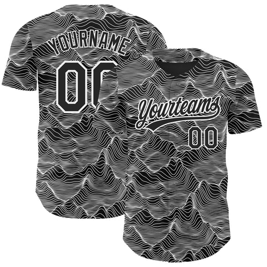 Custom Black White 3D Pattern Design Abstract Mountains Authentic Baseball Jersey - Main View