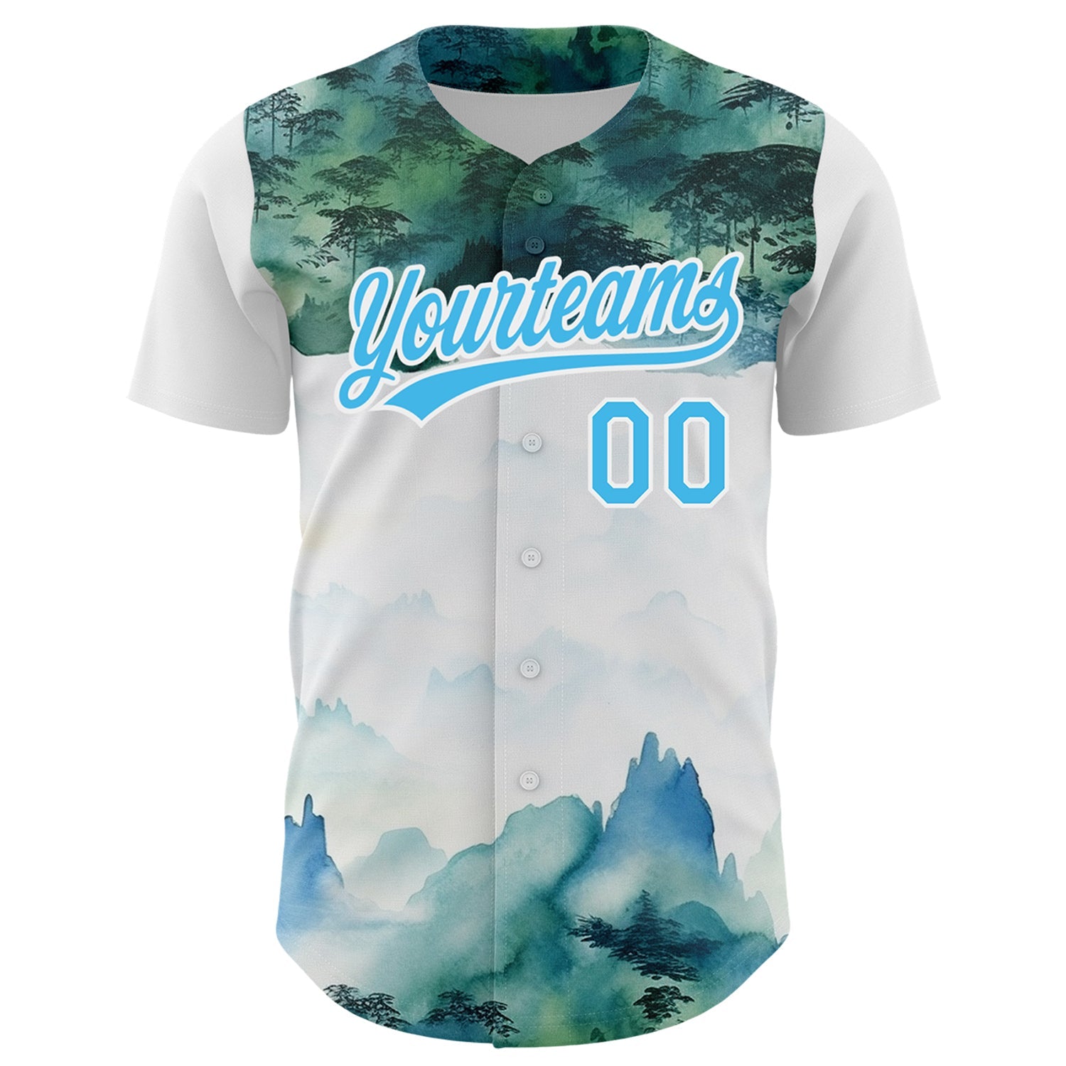 Custom White Sky Blue 3D Pattern Design Mountains Landscape Authentic Baseball Jersey view 2