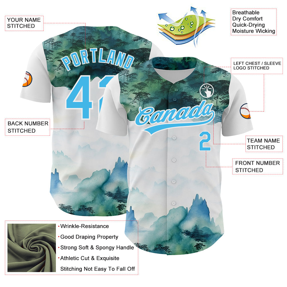 Custom White Sky Blue 3D Pattern Design Mountains Landscape Authentic Baseball Jersey view 3
