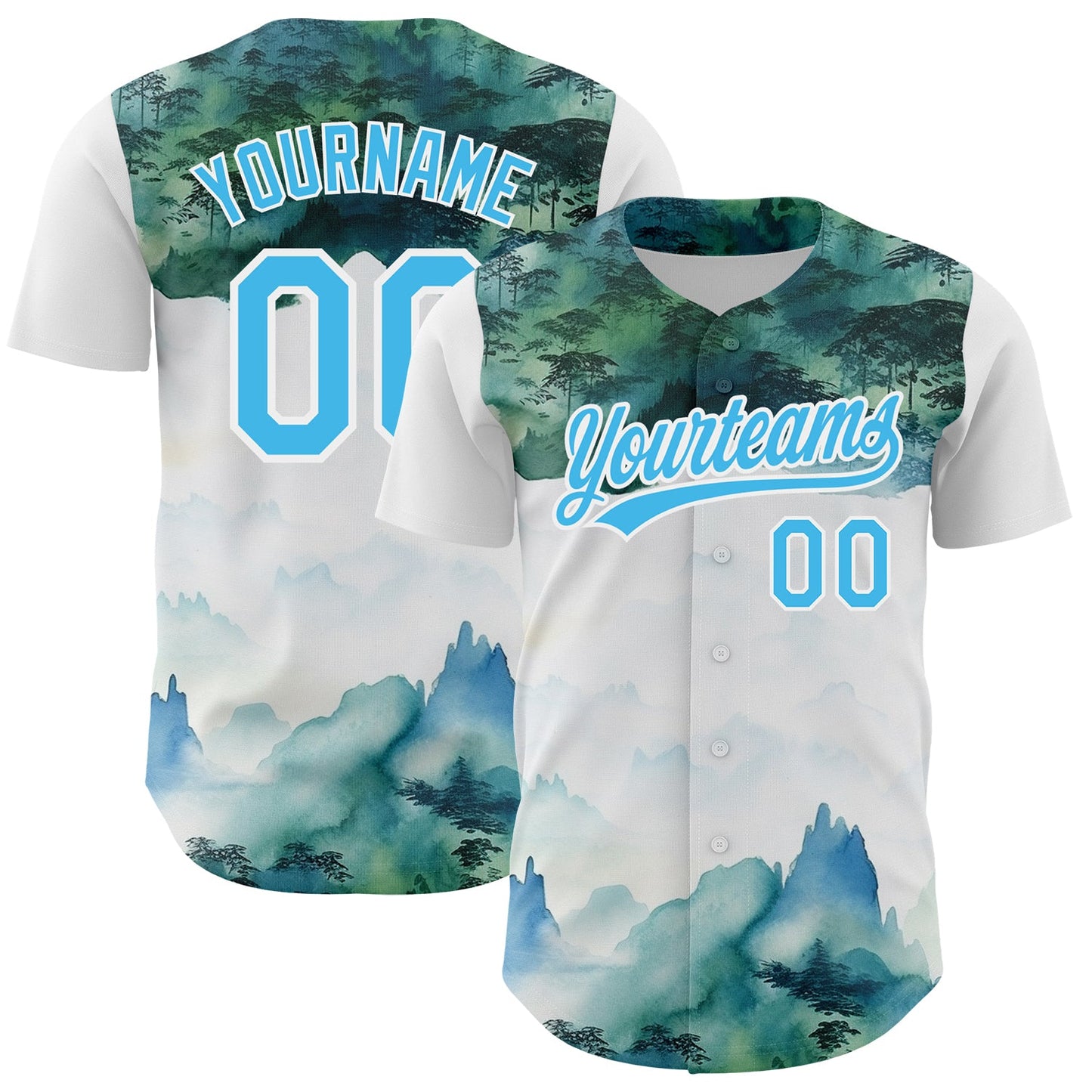 Custom White Sky Blue 3D Pattern Design Mountains Landscape Authentic Baseball Jersey - Main View