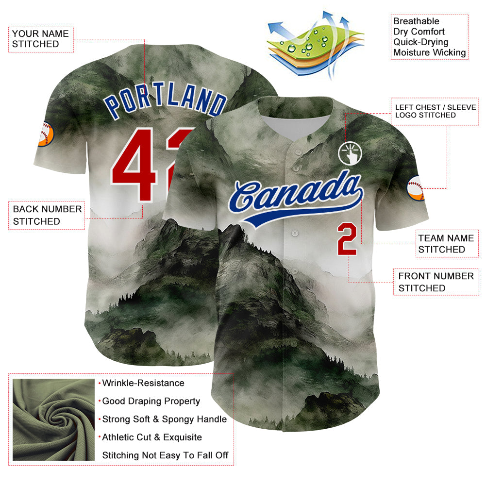 Custom White Red-Royal 3D Pattern Design Mountains Landscape Authentic Baseball Jersey view 3