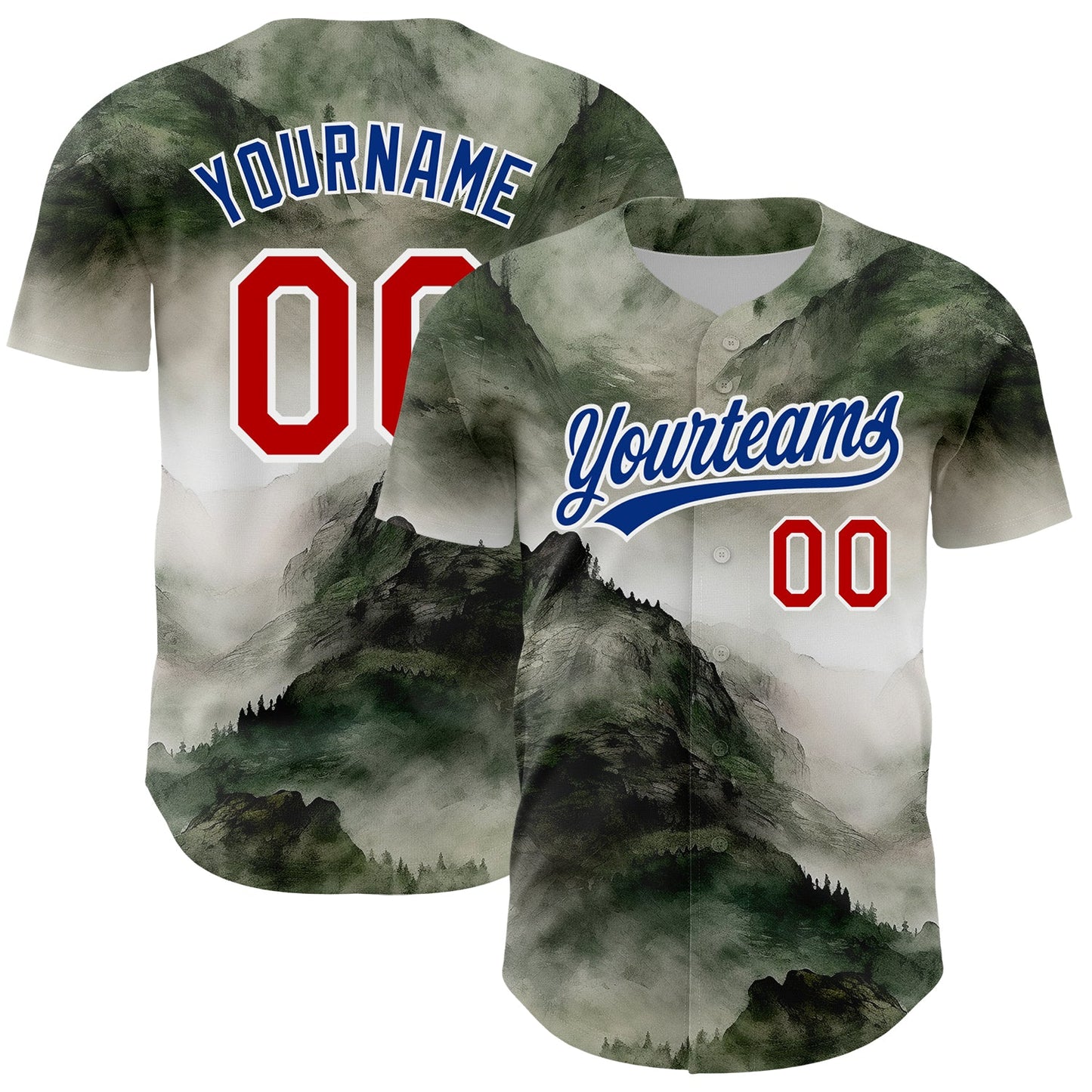 Custom White Red-Royal 3D Pattern Design Mountains Landscape Authentic Baseball Jersey - Main View