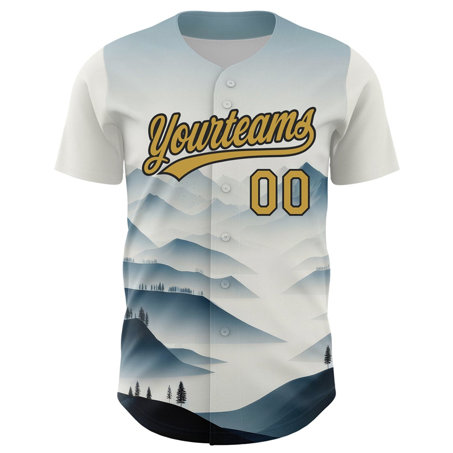 Custom White Old Gold-Black 3D Pattern Design Mountains Landscape Authentic Baseball Jersey view 2