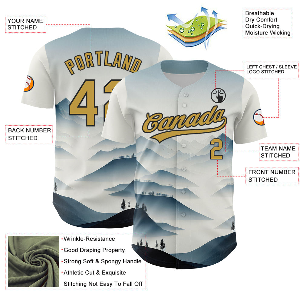 Custom White Old Gold-Black 3D Pattern Design Mountains Landscape Authentic Baseball Jersey view 3