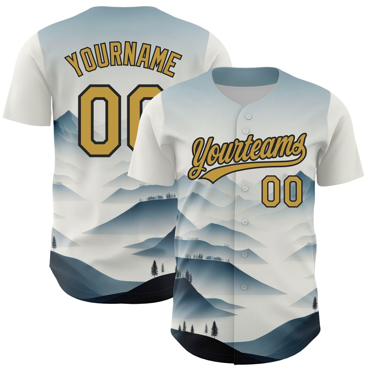 Custom White Old Gold-Black 3D Pattern Design Mountains Landscape Authentic Baseball Jersey - Main View