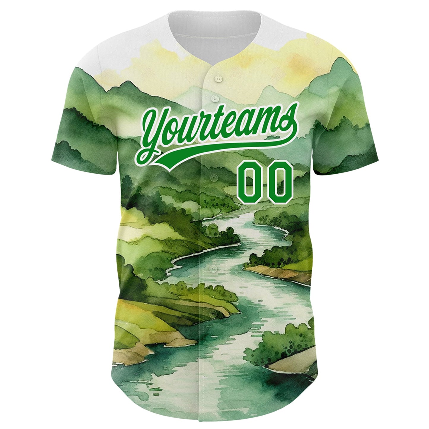 Custom White Grass Green 3D Pattern Design Mountains Landscape Authentic Baseball Jersey view 2