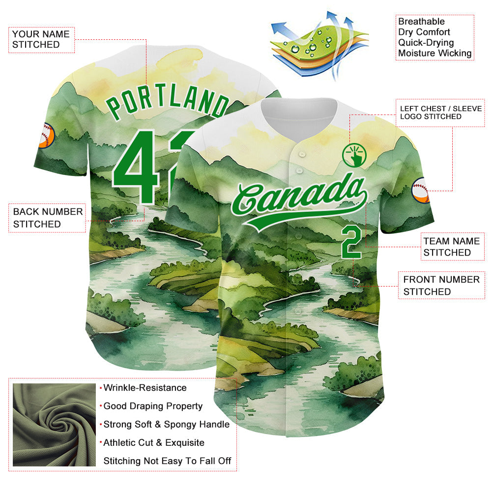 Custom White Grass Green 3D Pattern Design Mountains Landscape Authentic Baseball Jersey view 3