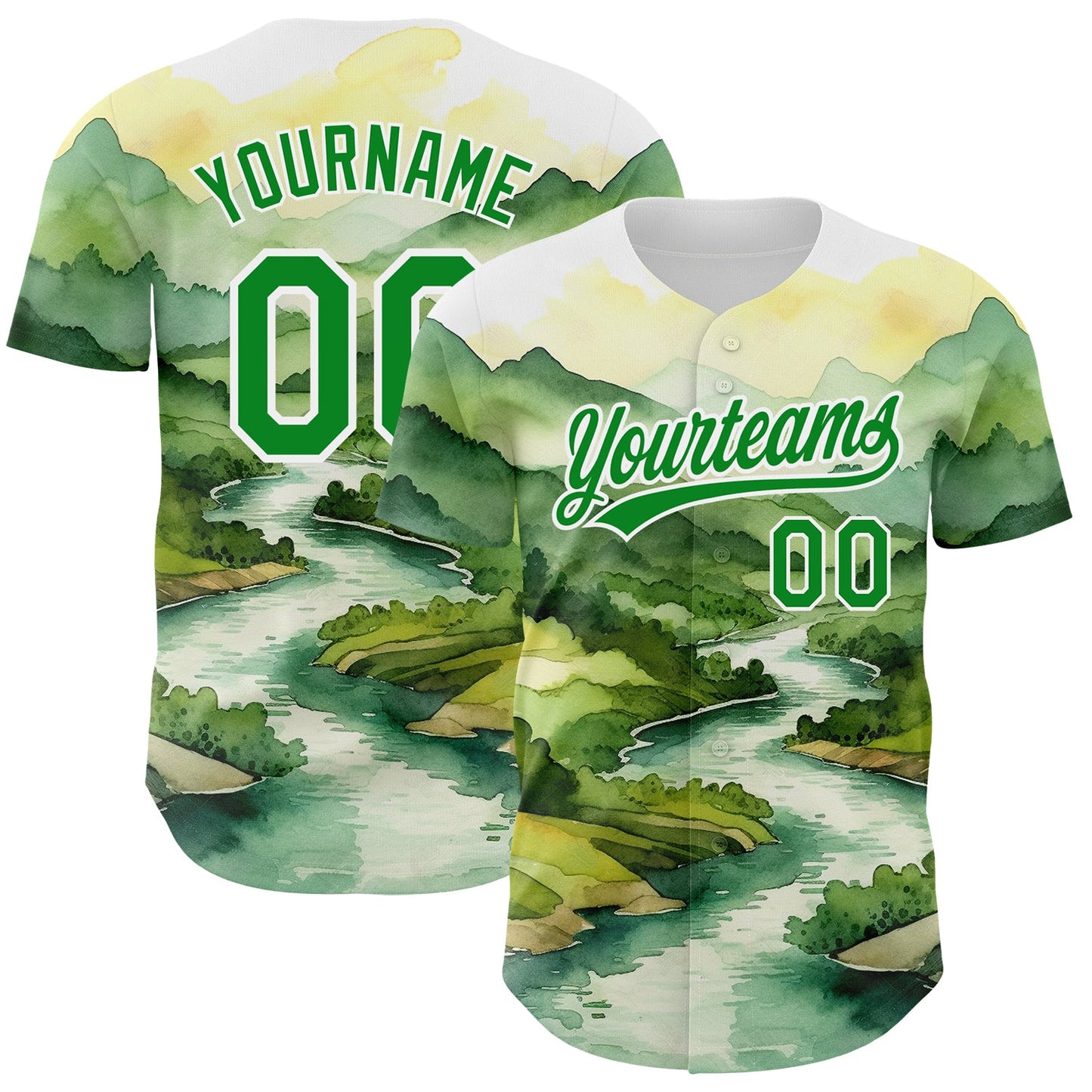 Custom White Grass Green 3D Pattern Design Mountains Landscape Authentic Baseball Jersey - Main View