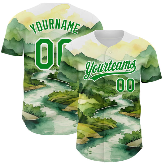Custom White Grass Green 3D Pattern Design Mountains Landscape Authentic Baseball Jersey - Main View