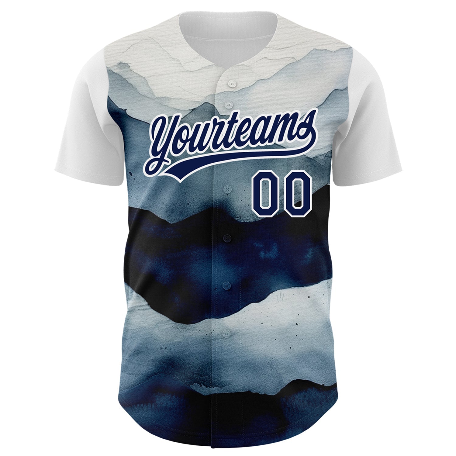 Custom White Navy 3D Pattern Design Watercolor Mountains Authentic Baseball Jersey view 2