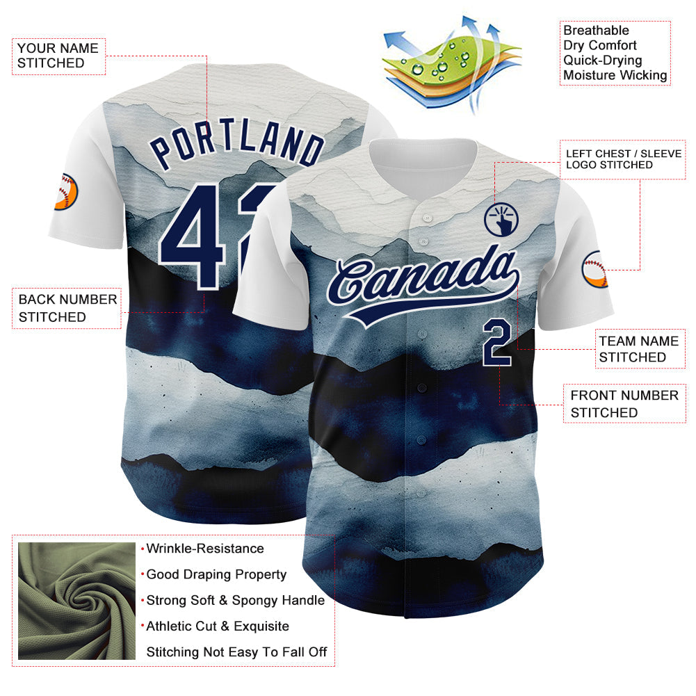 Custom White Navy 3D Pattern Design Watercolor Mountains Authentic Baseball Jersey view 3