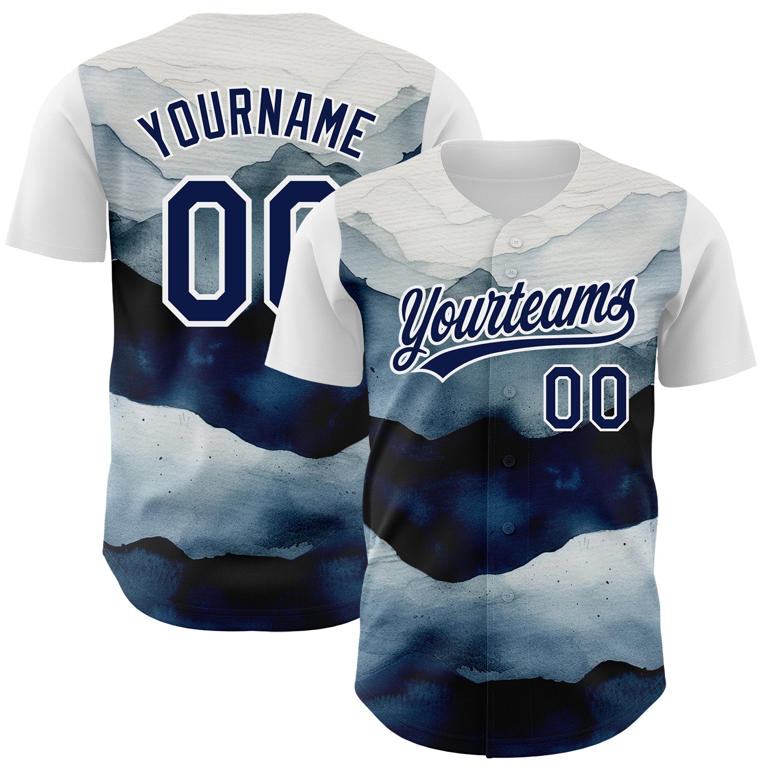 Custom White Navy 3D Pattern Design Watercolor Mountains Authentic Baseball Jersey - Main View