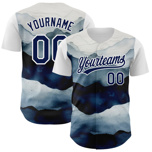 Custom White Navy 3D Pattern Design Watercolor Mountains Authentic Baseball Jersey - Main View