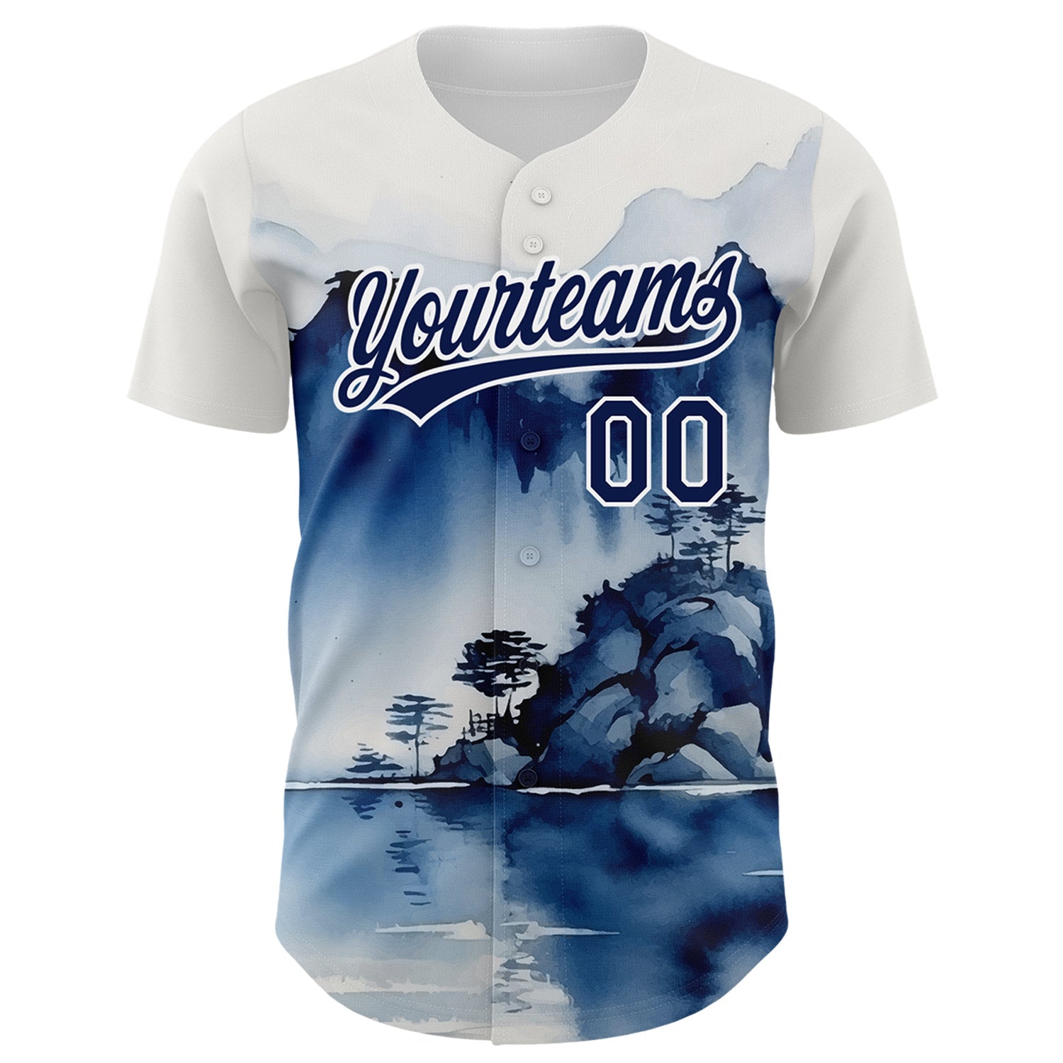 Custom White Navy 3D Pattern Design Abstract Watercolor Mountains Authentic Baseball Jersey view 2