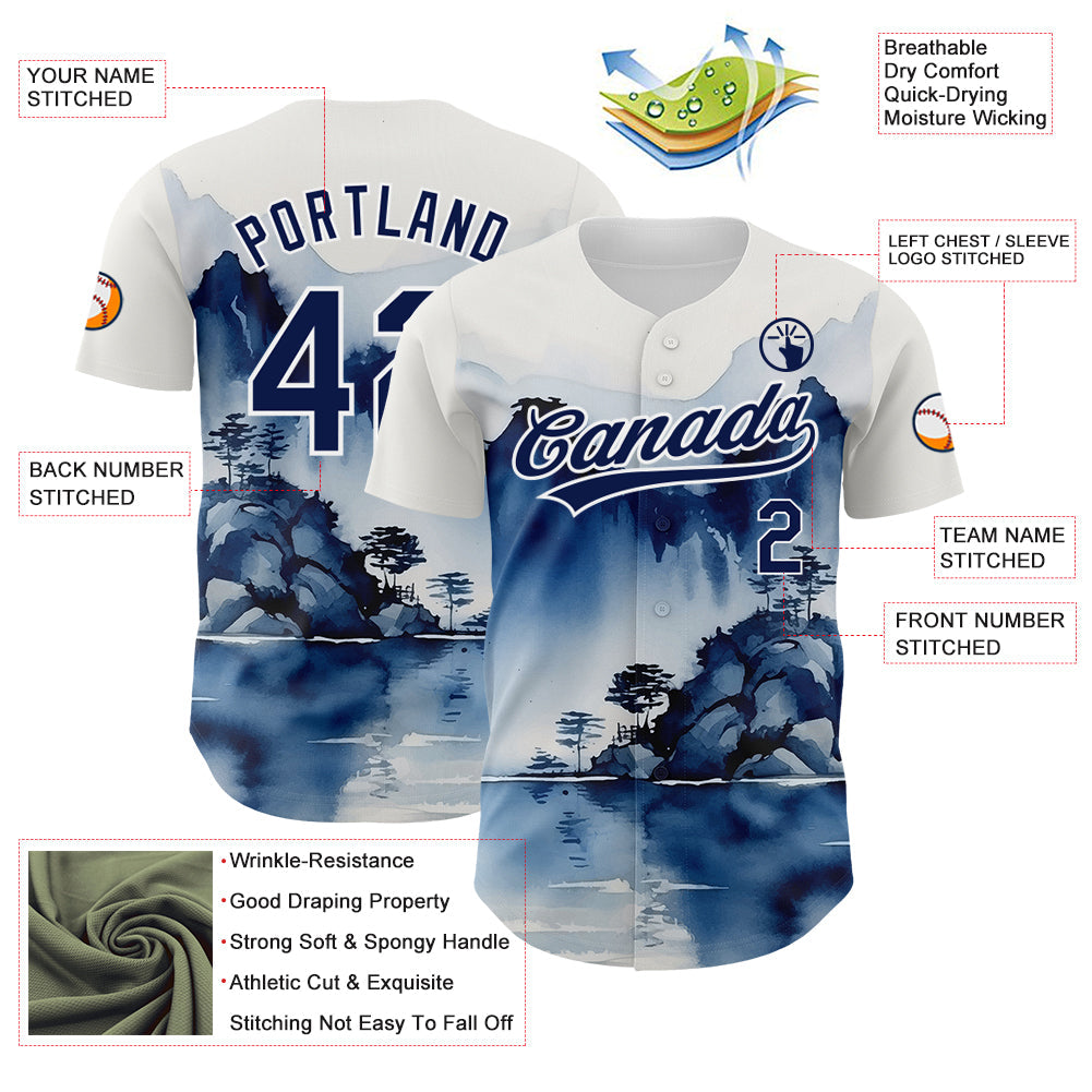 Custom White Navy 3D Pattern Design Abstract Watercolor Mountains Authentic Baseball Jersey view 3