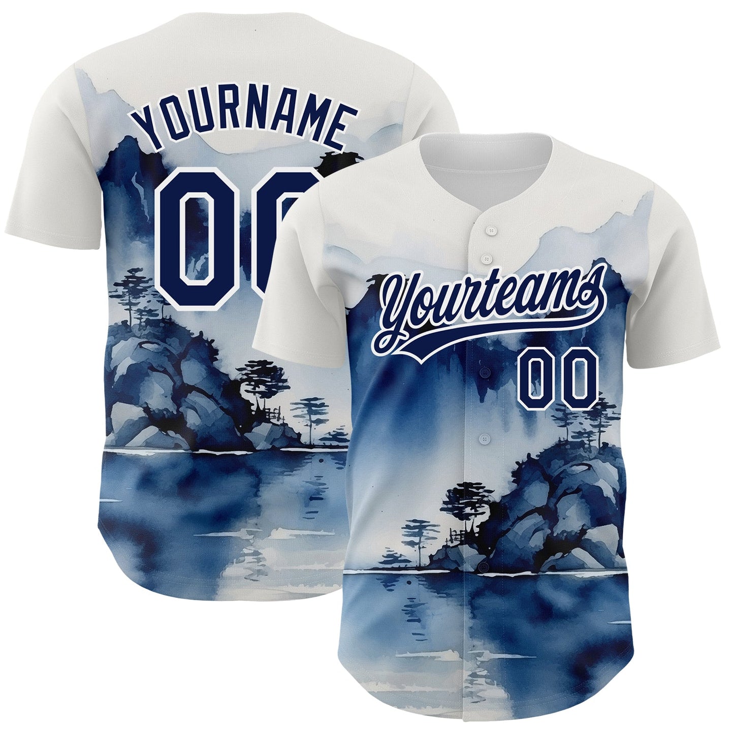 Custom White Navy 3D Pattern Design Abstract Watercolor Mountains Authentic Baseball Jersey - Main View