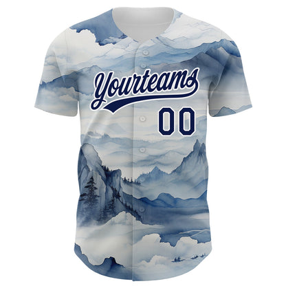Custom White Navy 3D Pattern Design Mountains Landscape Authentic Baseball Jersey view 2