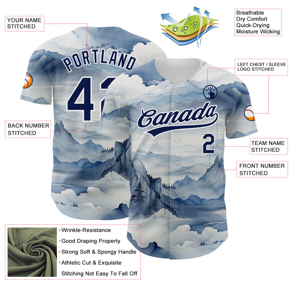 Custom White Navy 3D Pattern Design Mountains Landscape Authentic Baseball Jersey view 3