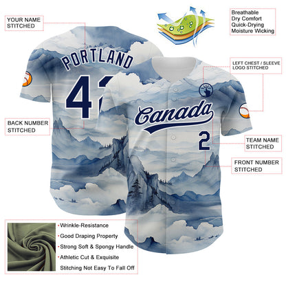 Custom White Navy 3D Pattern Design Mountains Landscape Authentic Baseball Jersey view 3