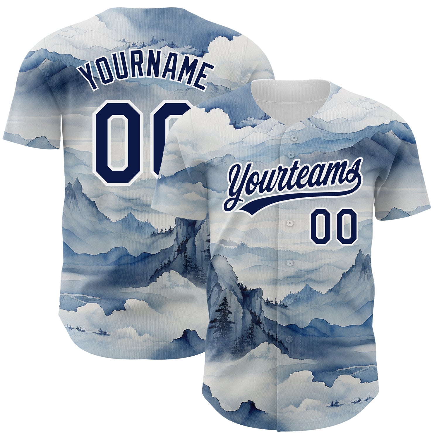 Custom White Navy 3D Pattern Design Mountains Landscape Authentic Baseball Jersey - Main View