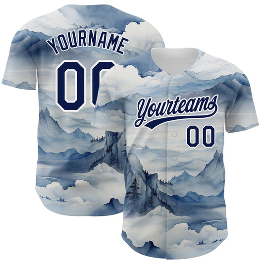 Custom White Navy 3D Pattern Design Mountains Landscape Authentic Baseball Jersey - Main View