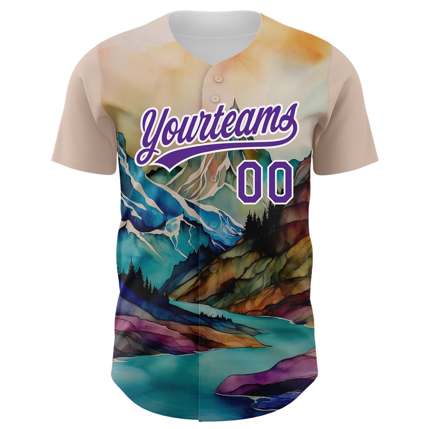 Custom White Purple 3D Pattern Design Mountains Landscape Authentic Baseball Jersey view 2