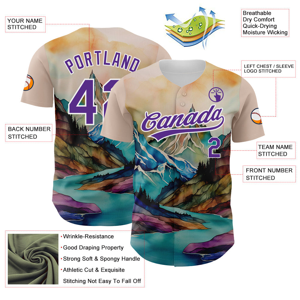 Custom White Purple 3D Pattern Design Mountains Landscape Authentic Baseball Jersey view 3