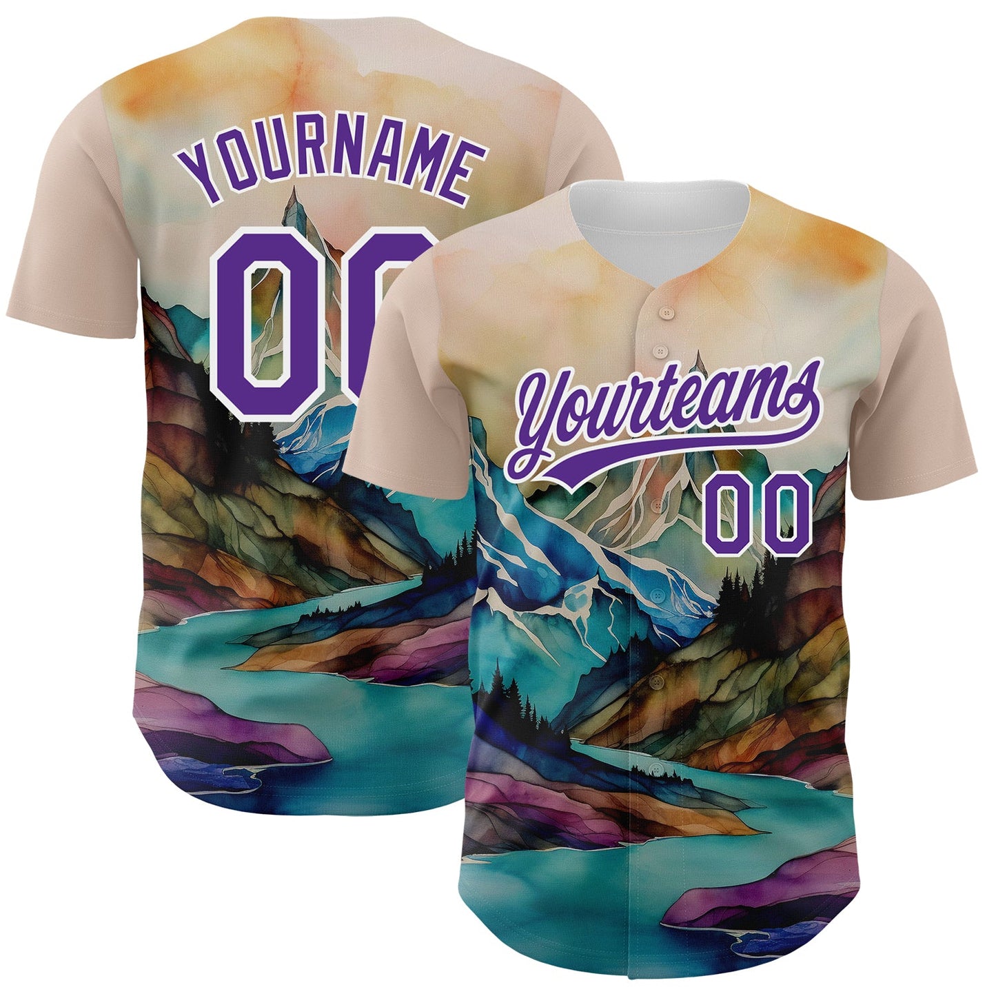 Custom White Purple 3D Pattern Design Mountains Landscape Authentic Baseball Jersey - Main View