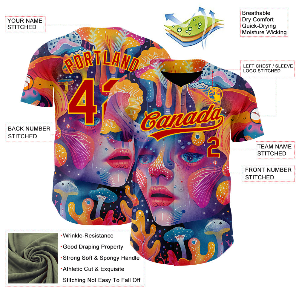 Custom Red Yellow 3D Pattern Design Abstract Painting Authentic Baseball Jersey view 3