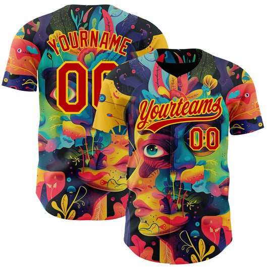 Custom Black Red-Yellow 3D Pattern Design Abstract Painting Authentic Baseball Jersey - Main View