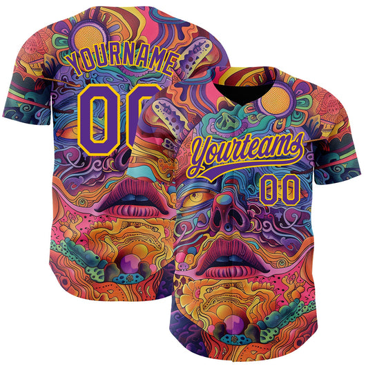 Custom Red Purple-Yellow 3D Pattern Design Abstract Painting Authentic Baseball Jersey - Main View