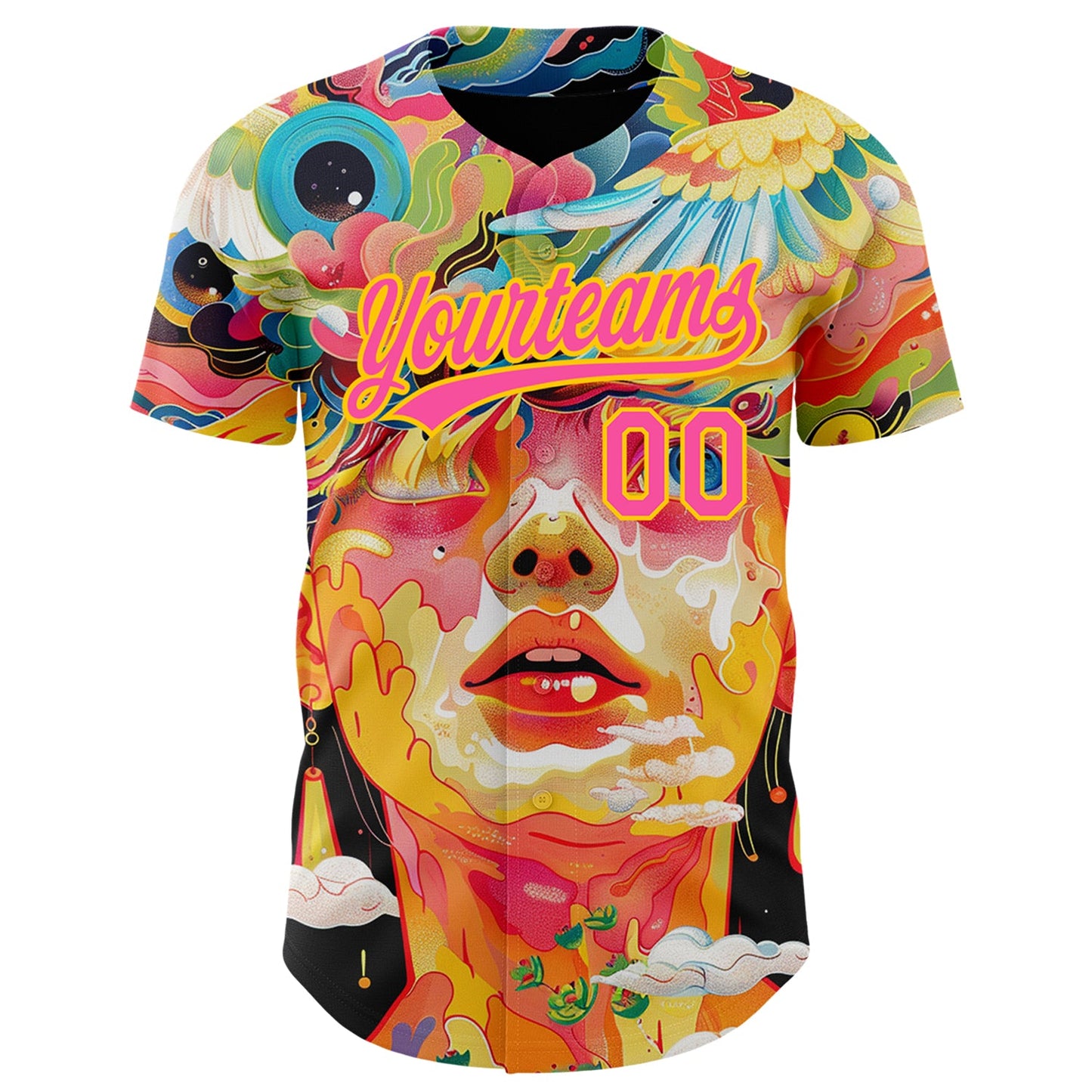 Custom Red Pink-Yellow 3D Pattern Design Abstract Painting Authentic Baseball Jersey view 2