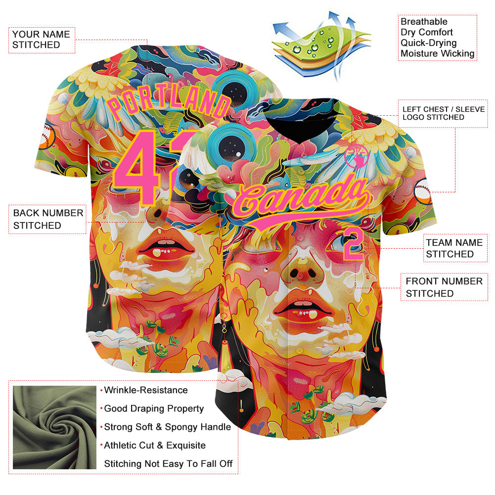 Custom Red Pink-Yellow 3D Pattern Design Abstract Painting Authentic Baseball Jersey view 3