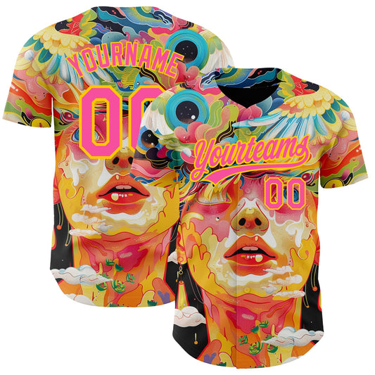 Custom Red Pink-Yellow 3D Pattern Design Abstract Painting Authentic Baseball Jersey - Main View