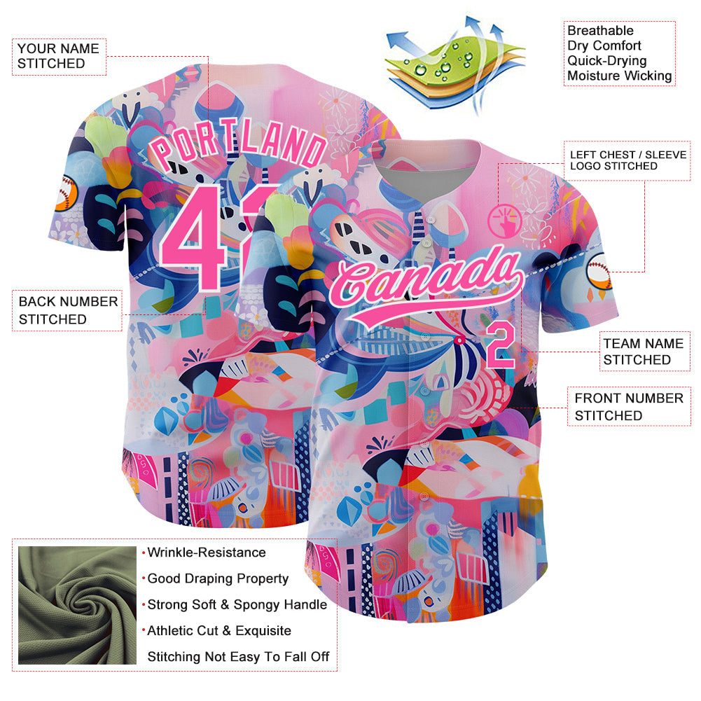 Custom Pink White 3D Pattern Design Abstract Painting Authentic Baseball Jersey view 3