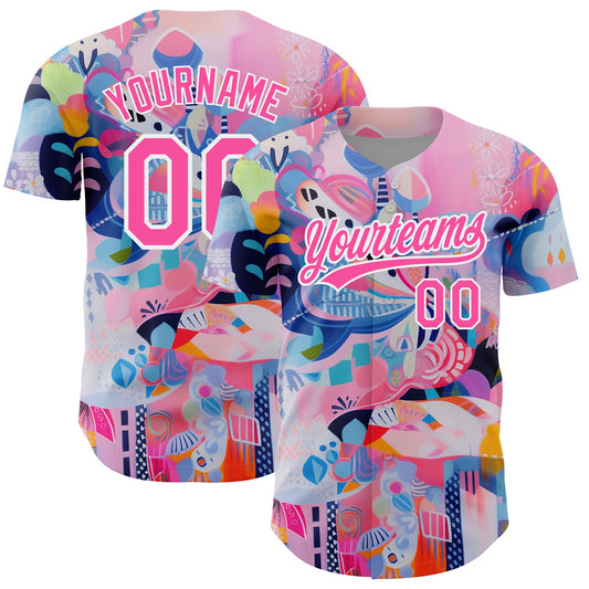Custom Pink White 3D Pattern Design Abstract Painting Authentic Baseball Jersey - Main View