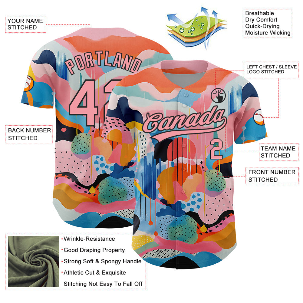 Custom Medium Pink Black 3D Pattern Design Abstract Painting Authentic Baseball Jersey view 3