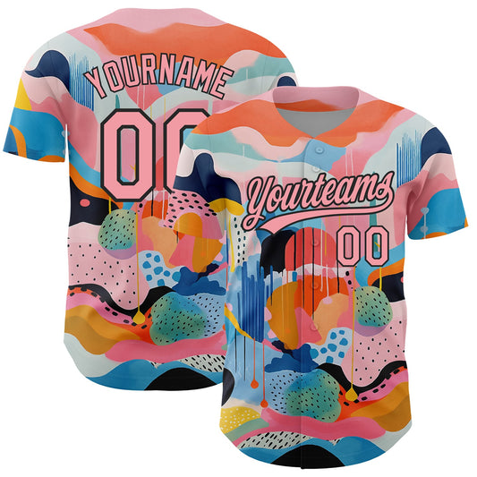 Custom Medium Pink Black 3D Pattern Design Abstract Painting Authentic Baseball Jersey - Main View