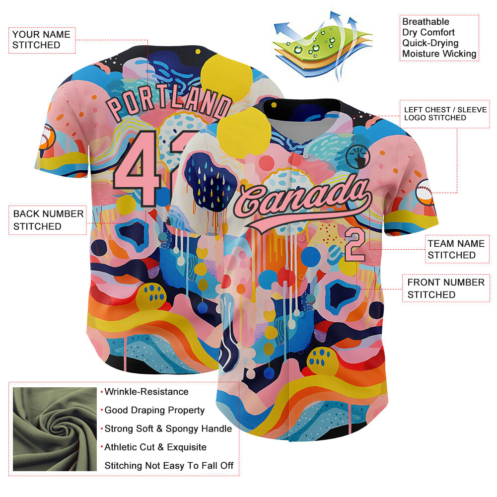 Custom Medium Pink Black 3D Pattern Design Abstract Painting Authentic Baseball Jersey view 3