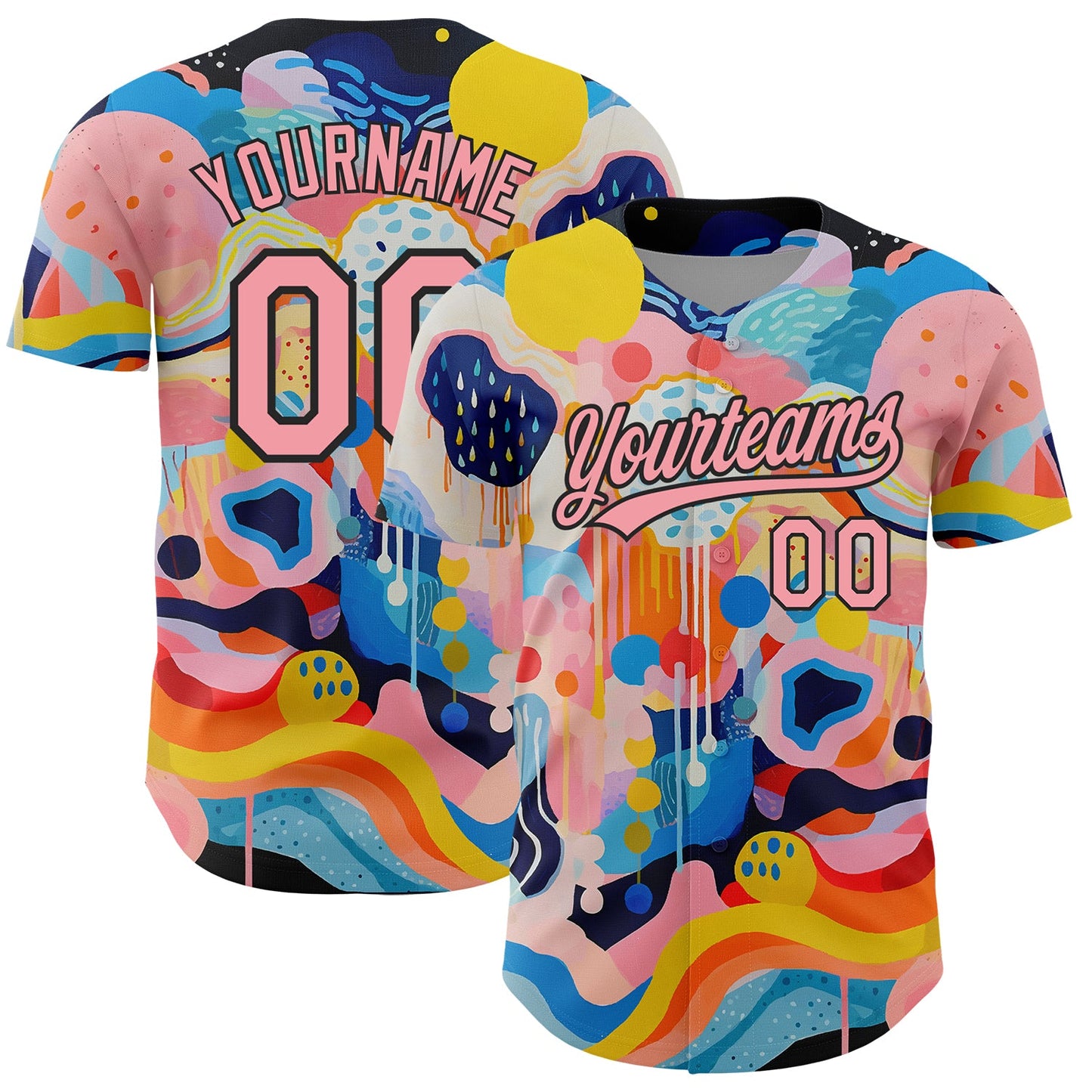 Custom Medium Pink Black 3D Pattern Design Abstract Painting Authentic Baseball Jersey - Main View