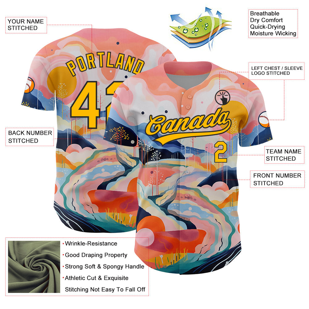 Custom Medium Pink Gold-Black 3D Pattern Design Abstract Painting Authentic Baseball Jersey view 3